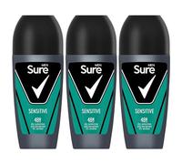 Sure Deodorante antitraspirante roll on Sensitive 48H protezione da sudore e odori con fragranza al legno di sandalo, patchouli e vaniglia, per uomo, 50 ml, confezione da 3