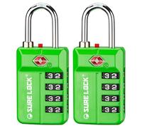 SURE LOCK - Lucchetto a combinazione reimpostabile a 4 cifre approvato TSA, con allarme aperto, quadranti di facile lettura, per diversi usi (verde, confezione da 2)
