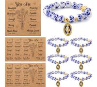 Sureio Set di 12 braccialetti cristiani con perline in ceramica blu sfusa con ciondoli con biglietti d'ispirazione, regali per la prima comunione, per donne, figlioccia, feste religiose