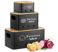 Surejoy Porta Patate Cipolle Aglio Set di 3, Contenitori Patate Impilabile Cucina con Coperchio in Bambù, Ventilazione Ombra Conservazione Della Freschezza
