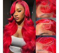 Suresen - Parrucca frontale con pizzo rosso, materiale dei capelli veri: onda del corpo rossa, capelli umani brasiliani 100% non trattati, tinti con coloranti vegetali