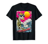 Surf Giraffa Equitazione Ocean Wave Surfer Animale Tramonto Spiaggia Maglietta