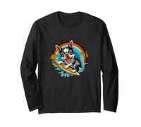 Surfing boston terrier tatuaggio bostie cucciolo bianco e nero Maglia a Manica