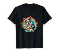 Surfing boston terrier tatuaggio bostie cucciolo bianco e nero Maglietta