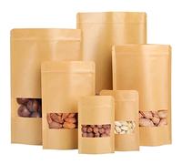 Surflyee 50 sacchetti kraft con finestra, richiudibili, chiusura a cerniera, marroni per tè, caffè, dolci, semi, noci (14x22 cm)