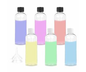 Surflyee 6 Pezzi Bottiglie di Viaggio da 100ML, Bottiglie di Plastica con Coperchi a Vite, Set di Contenitori da Viaggio Portatili con 2 Imbuti, a Prova di Perdite, Adatte per Shampoo, Gel Doccia