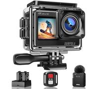 Surfola Action Cam 4K 60FPS 24MP WiFi, SF530 Videocamera Subacquea 40M con Doppio Schermo, Microfono con Due batterie e Caricabatterie per Motocicletta, Sci, Snorkeling e Vlog