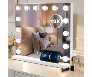 SURFOU Hollywood - Specchio da toeletta con illuminazione, 14 luci a LED con 3 temperature di colore, specchio cosmetico dimmerabile con porte di ricarica, controllo touch, 50 x 40 cm (bianco)