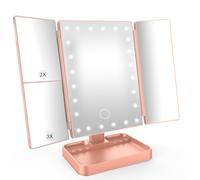 SURFOU Specchio da Tavolo Trucco Tri-Fold con 24 LED Touch, 1X/2X/3X/10X Ingrandimento Regolabile, Luce Regolabile 180°, Alimentazione USB/Batteria, Donne - Oro rosa