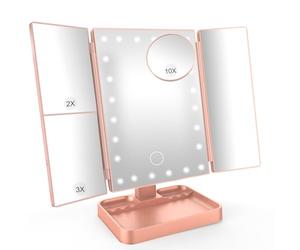 SURFOU Specchio da Tavolo Trucco Tri-Fold con 24 LED Touch, 1X/2X/3X/10X Ingrandimento Regolabile, Luce Regolabile 180°, Alimentazione USB/Batteria, Donne - Oro rosa