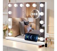 SURFOU Specchio Trucco con Luci Hollywood 50x42cm, Specchiera Make Up con 14 Lampadine LED Dimmerabili, 3 Colori Luce, Porta USB e Bluetooth, Specchio Ingranditore 10X, Da Tavolo o Parete, Bianco