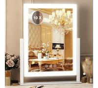 SURFOU Specchio Trucco con Luci LED da Appoggio 27x37cm, Specchio Hollywood Professional con 3 Temperature Colore, Rotazione 360°, Telaio in Metallo e Specchio Ingranditore 5X Staccabile, Bianco