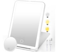 SURFOU Specchio Trucco con Luci LED Ricaricabile USB-C, Pieghevole e Portatile, 3 Tonalità di Luce Regolabile + 10X Ingranditore, Interruttore Tattile e Memoria, Compatto per Makeup Professionale, Via