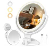 SURFOU Specchio Trucco Ingranditore 1/20X con Luce LED a 3 Colori - Ventosa Forte e Orientabile 360° - Luminosità Regolabile e Ricaricabile - per Maquillaggio Dettagliato, Bagno, Casa e Viaggio