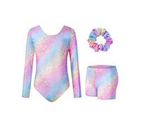 Surgoal Body da ginnastica per ragazze, a maniche lunghe, luccicante, per danza classica, ginnastica, atletica, 3 pezzi, per bambini dai 3 ai 12 anni, Set leopardo colorato, 8-9 Years