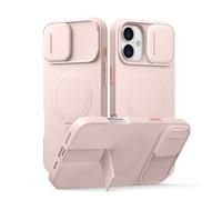 SURITCH Cover Magnetica compatibile con iPhone 16 Plus, alloggiamento a prova di urti custodia protettiva ultra sottile con coperchio della fotocamera scorrevole e supporto regolabile(rosa)