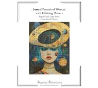 Surreal Portrait of Woman with Orbiting Planets Cross Stitch Pattern: Regular and Large Print Cross Stitch Pattern