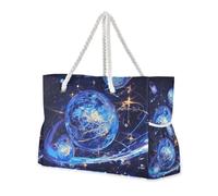 Surrealismo Blu-oro Cosmic Planet Grande Capacità Zip Tote Bags con tasche laterali Borse per Viaggi per Viaggi Palestra Vacanze