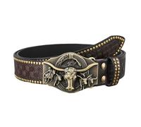 Surrycee Cinture da cowboy occidentali in pelle marrone con borchie e fibbie in corno di toro, cintura da rodeo con incisione floreale per uomo e donna, larghezza 38mm,Caffè,115cm/waist:38"~40"