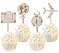 Sursurprise 16 topper per cupcake a tema viaggio, in legno, a forma di aeroplano, valigia, decorazioni per feste, compleanni, baby shower