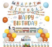 Sursurprise Decorazioni di Compleanno a Tema Treno - Happy Birthday Sfondo Banner, Ferrovia Attraversamento Torta Cupcake Topper Palloncino per Trasporto Traffico Veicolo