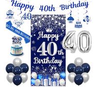 Sursurprise Decorazioni per 40° compleanno, colore blu navy e argento, con scritta "Happy 40th Birthday" (lingua italiana non garantita), decorazione per torta con vortici da appendere, per uomini e