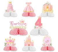 Sursurprise Decorazioni per feste di 4° compleanno, 8 pezzi Four Ever A Princess centrotavola a nido d'ape per ragazze, a tema principessa, forniture per feste di compleanno di 4 anni