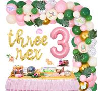 Sursurprise Decorazioni per il terzo compleanno di dinosauri per ragazza, kit di tre palloncini Rex con biglietto dinosauro, rosa salvia verde 3 anni forniture per feste di compleanno