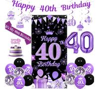 Sursurprise Decorazioni viola per il 40° compleanno, striscione per 40° compleanno, decorazione per torta da appendere, turbinii, fascia per porta, palloncini per donne di 40 anni