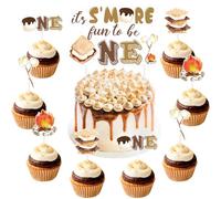 Sursurprise S'mores Decorazioni per feste di compleanno, 25 pezzi, con scritta "It's S'more Fun To Be One", topper per cupcake S'mores, un camper felice, falò da campeggio, forniture per feste per il