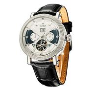 SURVAN WatchDesigner Orologio Automatico Meccanico da Uomo Scheletrato con Specchio in Cristallo di Zaffiro con Cinturino in Pelle Vera(Colore Argento)