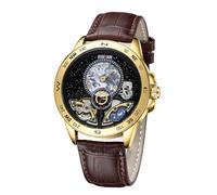 SURVAN WatchDesigner Orologio Automatico Meccanico da Uomo Scheletrato,Quadrante con Mappa del Mondo, Cassa in Acciaio Placcata Oro 18K, Vetro Zaffiro, Cinturino in Pelle Vera, Eleganza