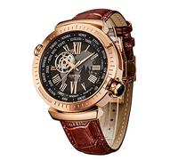 SURVAN WatchDesigner Orologio Automatico Meccanico da Uomo Scheletrato,Quadrante con Mappa del Mondo, Cassa in Acciaio Placcata Oro 18K, Vetro Zaffiro, Cinturino in Pelle Vera, Eleganza (Oro)