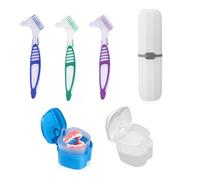 SURVART Kit per la pulizia della protesi dentaria da 6 pezzi, 3 spazzole per protesi a doppio lato, 1 custodia per la pulizia della protesi e 2 custodie per protesi con cestelli filtranti, soluzione