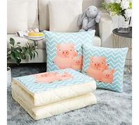 Surwin Coperta da Viaggio Coperta e Cuscino 2 in 1, Trapunta Trapuntata Microfibra Morbido e Traspirante, Portatile Cartone Animato Cuscino per Divano/Auto/Ufficio/Sedia (110x150cm,Maialino)