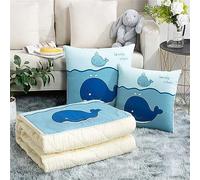 Surwin Coperta da Viaggio Coperta e Cuscino 2 in 1, Trapunta Trapuntata Microfibra Morbido e Traspirante, Portatile Cartone Animato Cuscino per Divano/Auto/Ufficio/Sedia (115x170cm,Balena Blu)