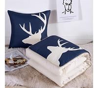 Surwin Coperta da Viaggio Coperta e Cuscino 2 in 1, Trapunta Trapuntata Microfibra, Morbido e Traspirante, Portatile Stampa Nordico Cuscino per Divano/Ufficio/Sedia (Alce Blu,105x150cm)