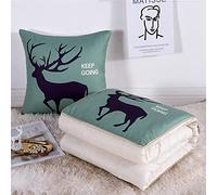 Surwin Coperta da Viaggio Coperta e Cuscino 2 in 1, Trapunta Trapuntata Microfibra, Morbido e Traspirante, Portatile Stampa Nordico Cuscino per Divano/Ufficio/Sedia (Renna Verde,120x170cm)