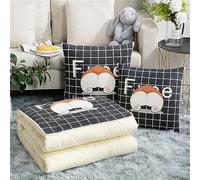 Surwin Coperta da Viaggio Coperta e Cuscino 2 in 1, Trapunta Trapuntata Microfibra Morbido e Traspirante, Portatile Cartone Animato Cuscino per Divano/Auto/Ufficio/Sedia (115x170cm,Plaid Nero)