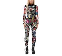 Surwin Costume di Halloween Tuta Maniche Lunghe da Donna, 3D Cosplay Teschio Floreale Stampato Carnevale Catsuit Super Elastico Skinny Bodysuit (Drago,S)