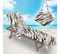 Surwin Telo Mare per Lettino Microfibra, Leopardato 3D Fodera per Sedia da Spiaggia Copertura per Sedia di Sdraio con Tasche Laterali, Asciugamano per Spiaggia Piscina Sport (75x210cm,Cachi)