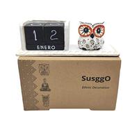 SusggO - Calendario perpetuo in legno, design animali, gufo, gatto, artigianale, decorazione per tavolo, libreria, scrivania, soprammobile (gufo bianco decapato BBD)