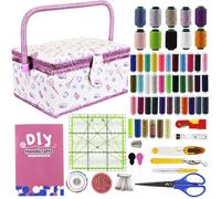 SusggO Kit Cucito 140 Pezzi Con Accessori e Guida Basica Punti. Scatola Legno Foderata Tessuto, Regole e Modello Patchwork Per Adulti