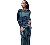 SUSHRUTA Maxi Abiti Sexy con Stampa del Corpo 3D per Le Donne Y2k Streetwear Hollow Backless Manica Lunga Aderente Vestito da Club,Verde,S