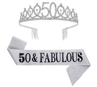 SUSSURRO Set di 50 e favolosi diademi con strass e fascia per 50° compleanno, fascia per donne e feste di compleanno (argento)