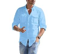 sutelang lurryly Camicia di Lino Uomo Manica Lunga Tinta Unita Casual Regular Fit Camicia Primavera ed Estate Slim Fit Vacanze Spiaggia Camicia, Blu chiaro, L