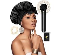 SUTIYO Cuffia Seta Capelli Notte con Cinghie Regolabili, Bonnet Seta per Capelli Ricci Elastico,Silk Bonnet, Berretto da Notte per Donna Ragazza(Bianco/Nero)