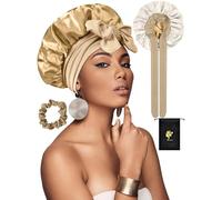 SUTIYO Cuffia Seta Capelli Notte con Cinghie Regolabili, Bonnet Seta per Capelli Ricci Elastico,Silk Bonnet, Berretto da Notte per Donna Ragazza(Champagne/Bianco)