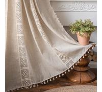 Sutuo Home, Tenda bohémien semi-oscurante in pizzo all'uncinetto, patchwork con tessuto di lino testurizzato, con nappe fatte a mano, con tasca per asta, tende per finestra in stile bohémien, per