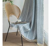 Sutuo Home Tende blu bohémien per camera da letto e soggiorno, semi-oscuranti, in lino a righe country francesi, vintage, shabby chic, con nappe, trattamento per finestre, 1 pannello, 132 cm di